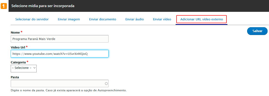 Modelo de tela para incluir url de vídeo externa