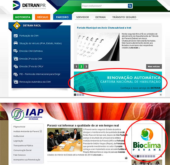 Exemplos de telas com banners rotativos