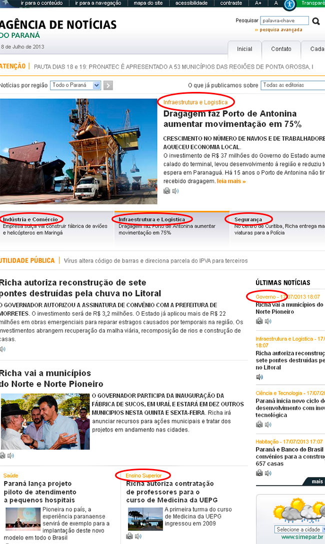 Exemplo de tela com notícias