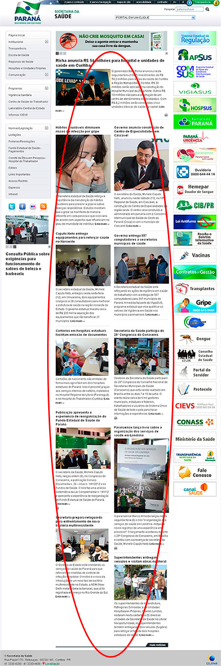 Exemplo de site com excesso de notícias