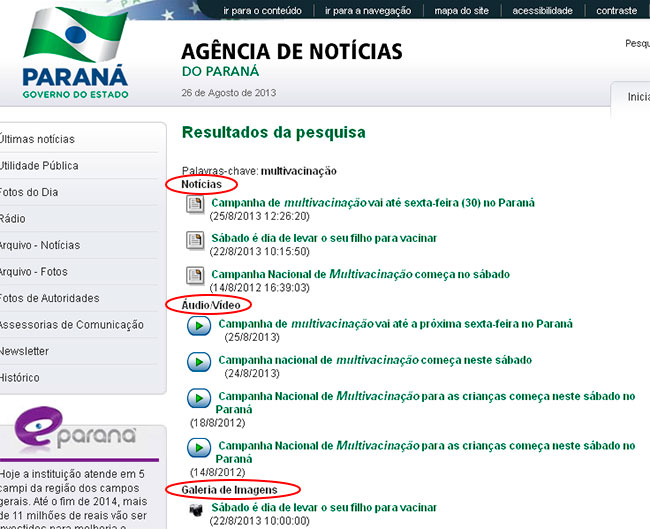Tela de exemplo de resultado da busca