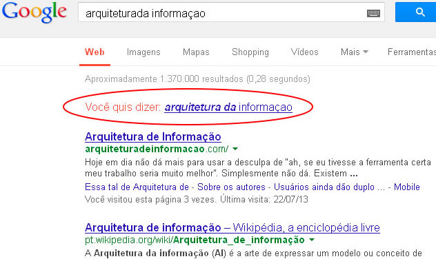 Exemplo de resultado de busca em que há corretor de texto para o termo buscado
