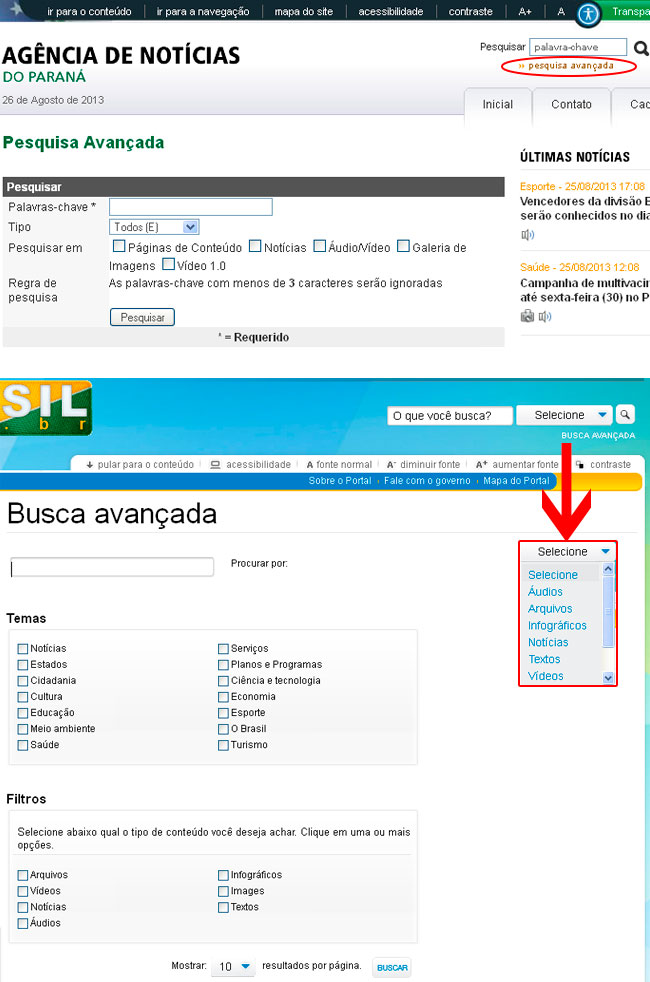 Exemplo de busca com atalho para busca avançada