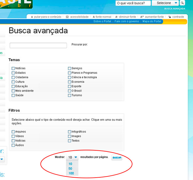 Exemplo de busca avançada apresentando filtros para pesquisa