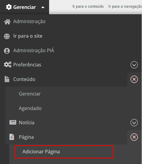 Tela com o caminho para criar nova página