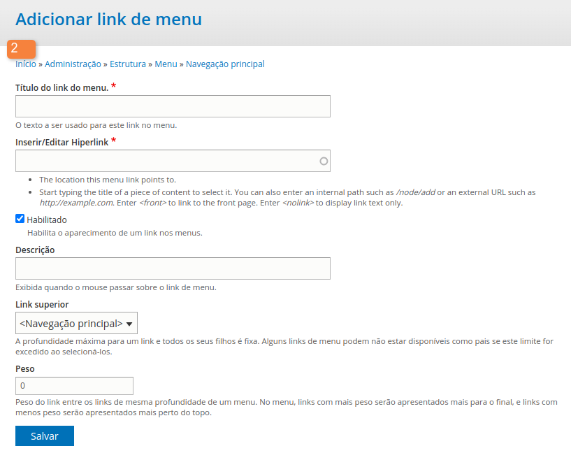 Modelo de tela para adicionar um link de menu