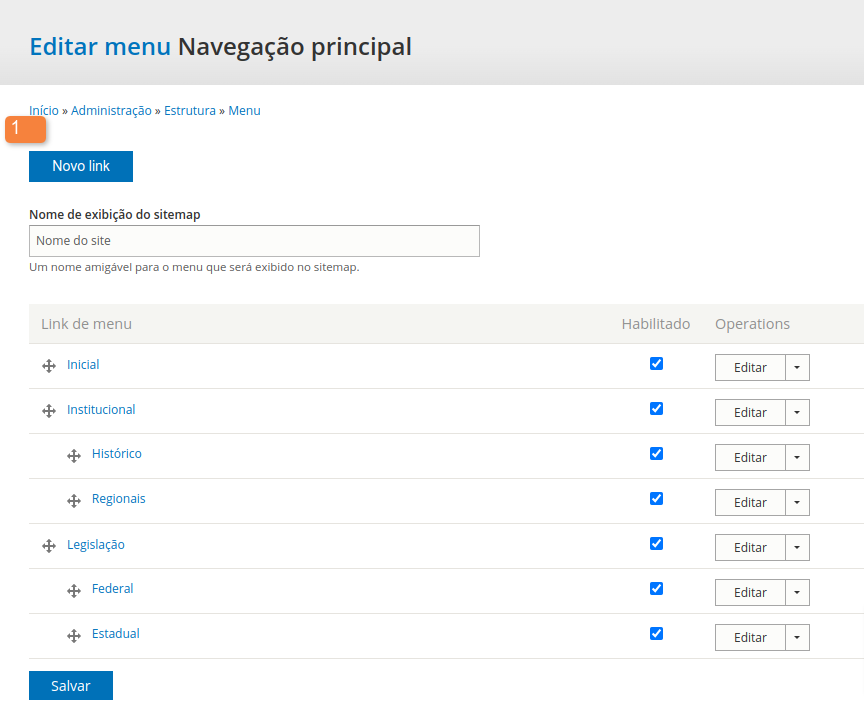 Modelo de tela para visualizar itens de menu