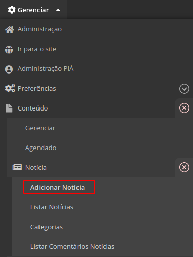 Modelo de tela com links para criar notícias