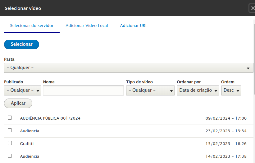 Selecionar ou enviar arquivos de vídeo