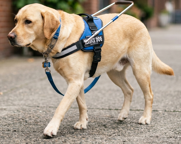 Foto de um cão-guia utilizando Harness (Peitoral) e Alça Rígida.
