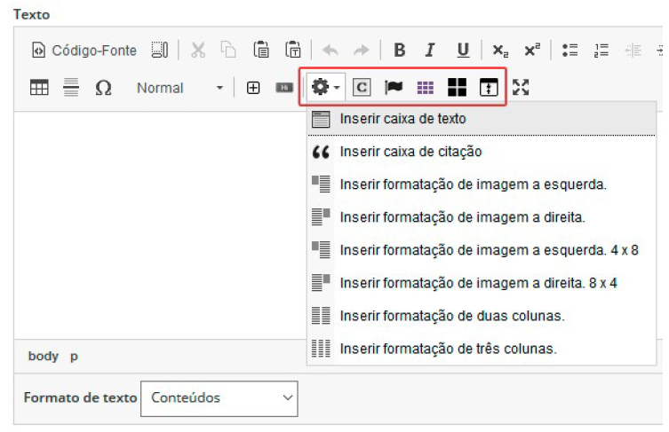 Barra de ferramentas do ckeditor para templates