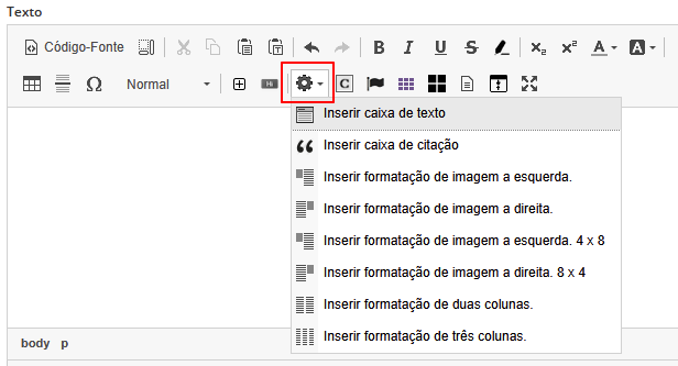 Barra CKEditor ferramenta inserir/editar formatação