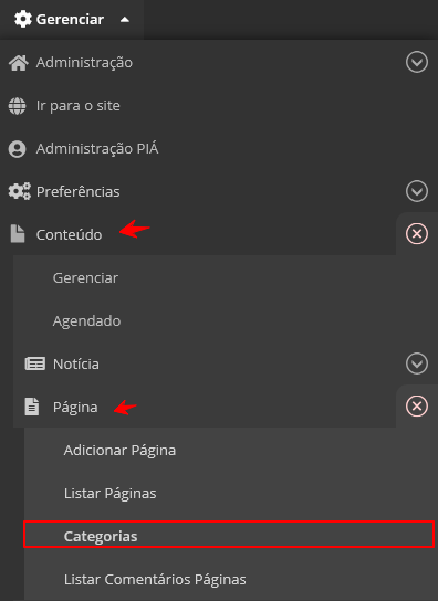 menu gerenciar categoria de conteúdo