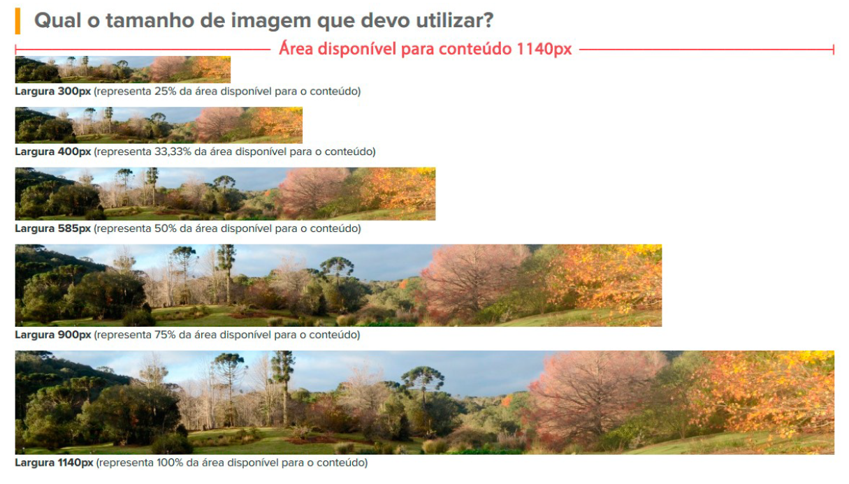 representação de tamanhos de imagens para publicação em sites