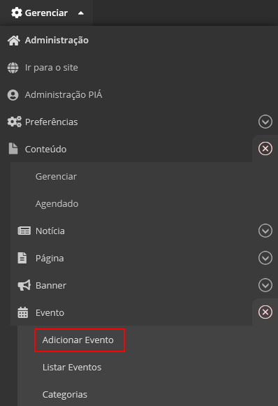 Menu para criar novo evento: acesse Gerenciar, Conteúdo, Evento, Adicionar Evento