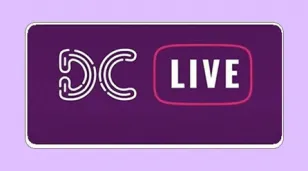 Quadro na cor roxa com o texto DC LIVE em letras brancas