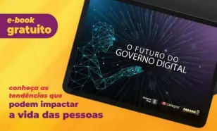 Tela de tablet com o texto o futuro do governo digital. Ao lado da tela os textos: e-book gratuito e conheça as tendências que podem impactar a vida das pessoas