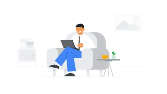 Ilustração de homem sentado utilizando um notebook